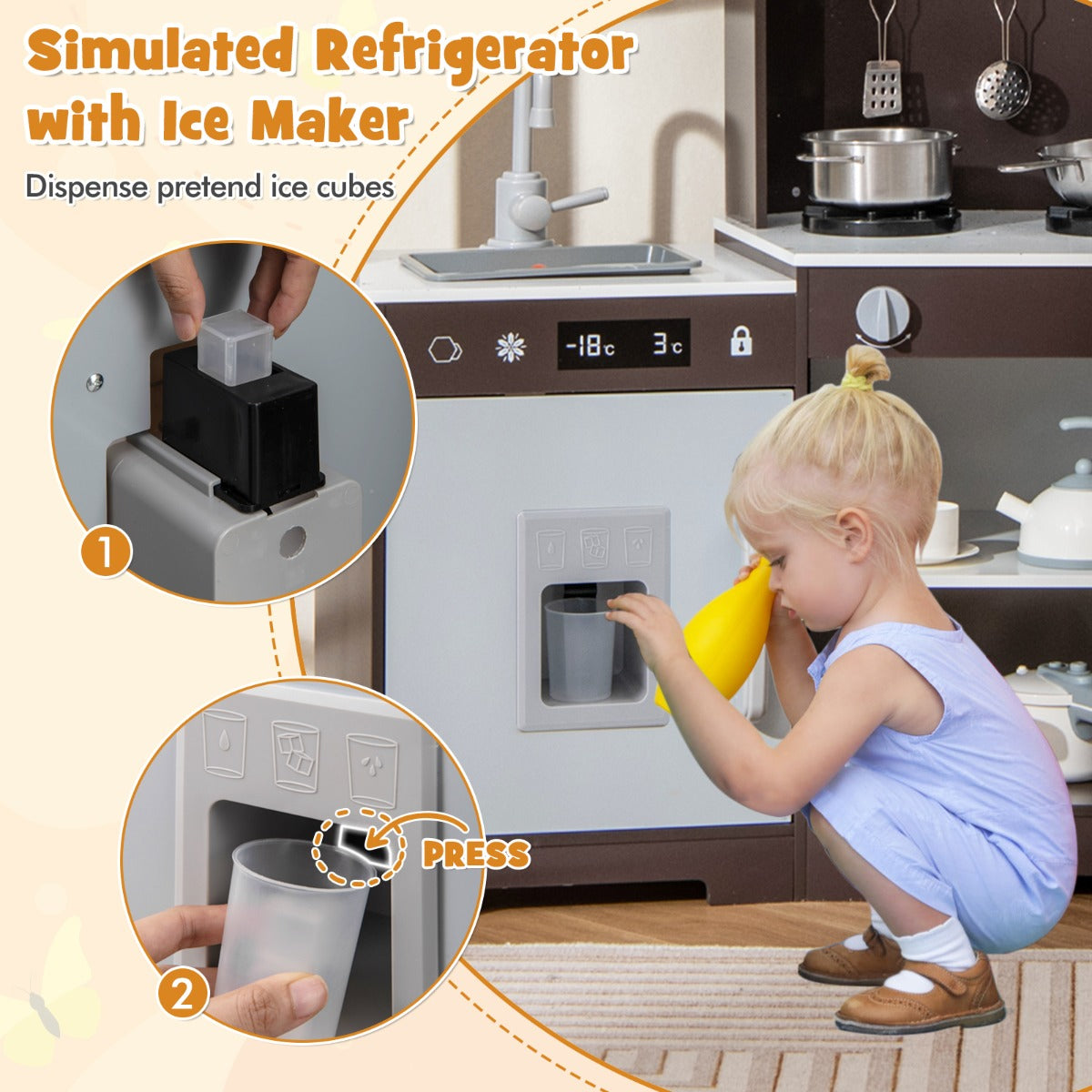 Wooden Pretend Play Kitchen with Real Sounds and Lights-Brown