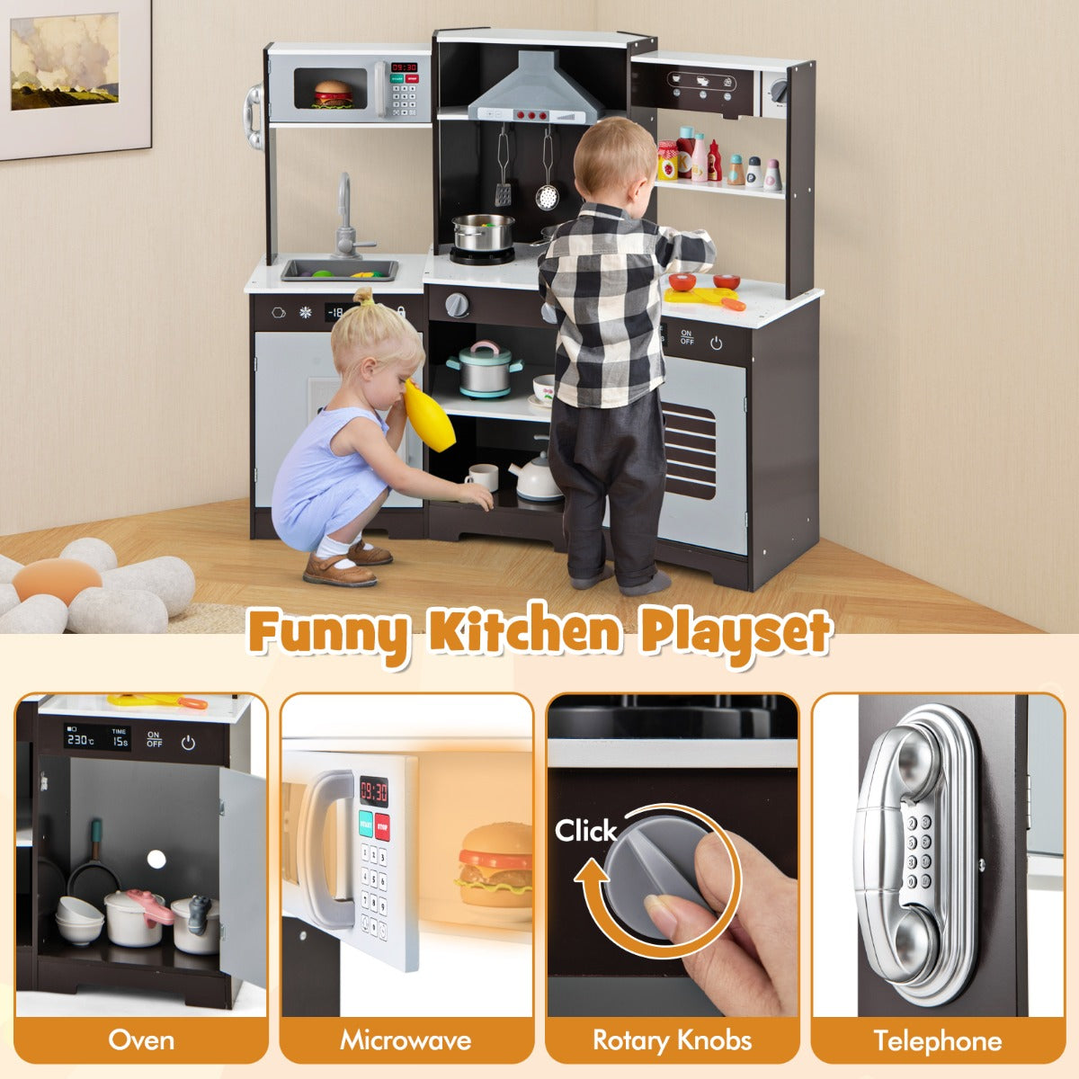 Wooden Pretend Play Kitchen with Real Sounds and Lights-Brown