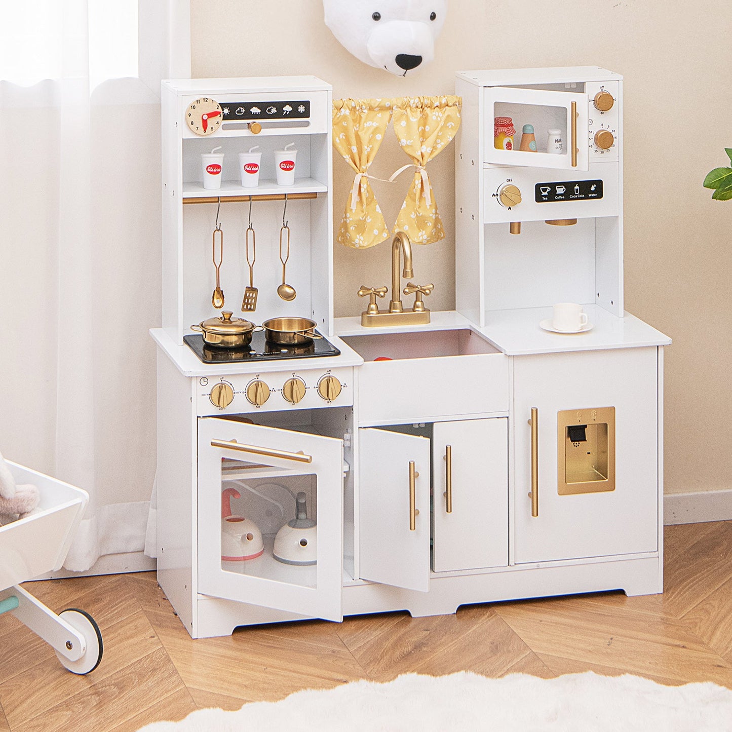 Pretend Play Kitchen for Kids with Coffee Maker Sink Faucet-White