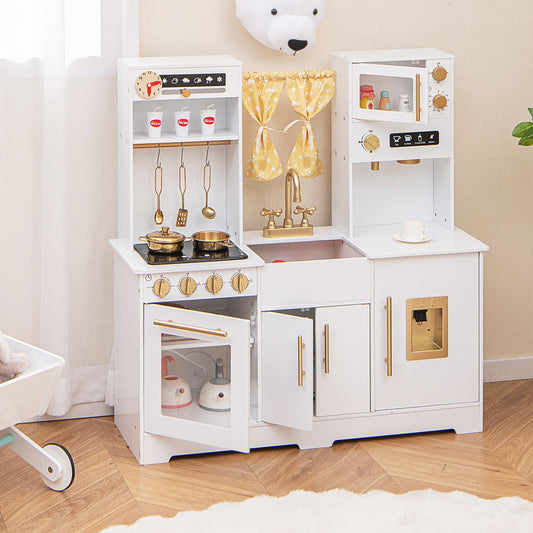 Pretend Play Kitchen for Kids with Coffee Maker Sink Faucet-White