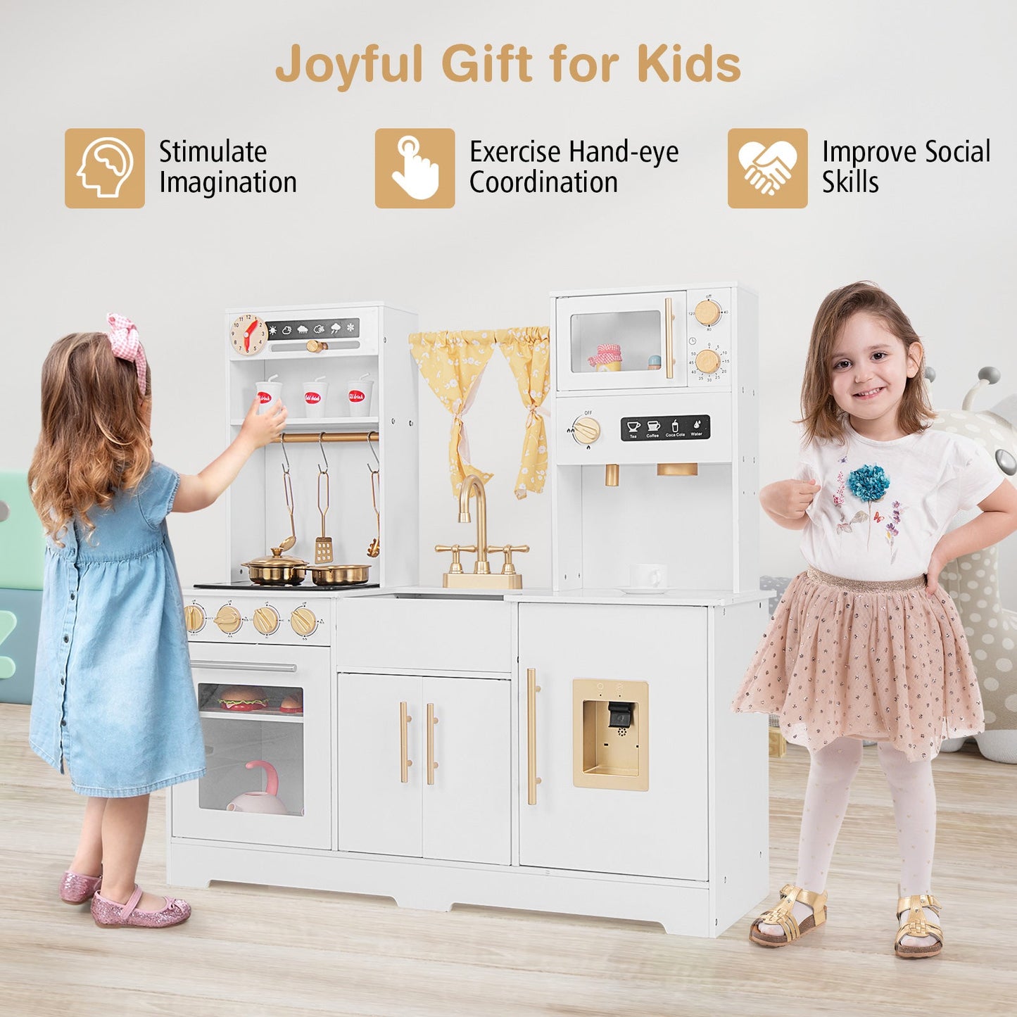 Pretend Play Kitchen for Kids with Coffee Maker Sink Faucet-White