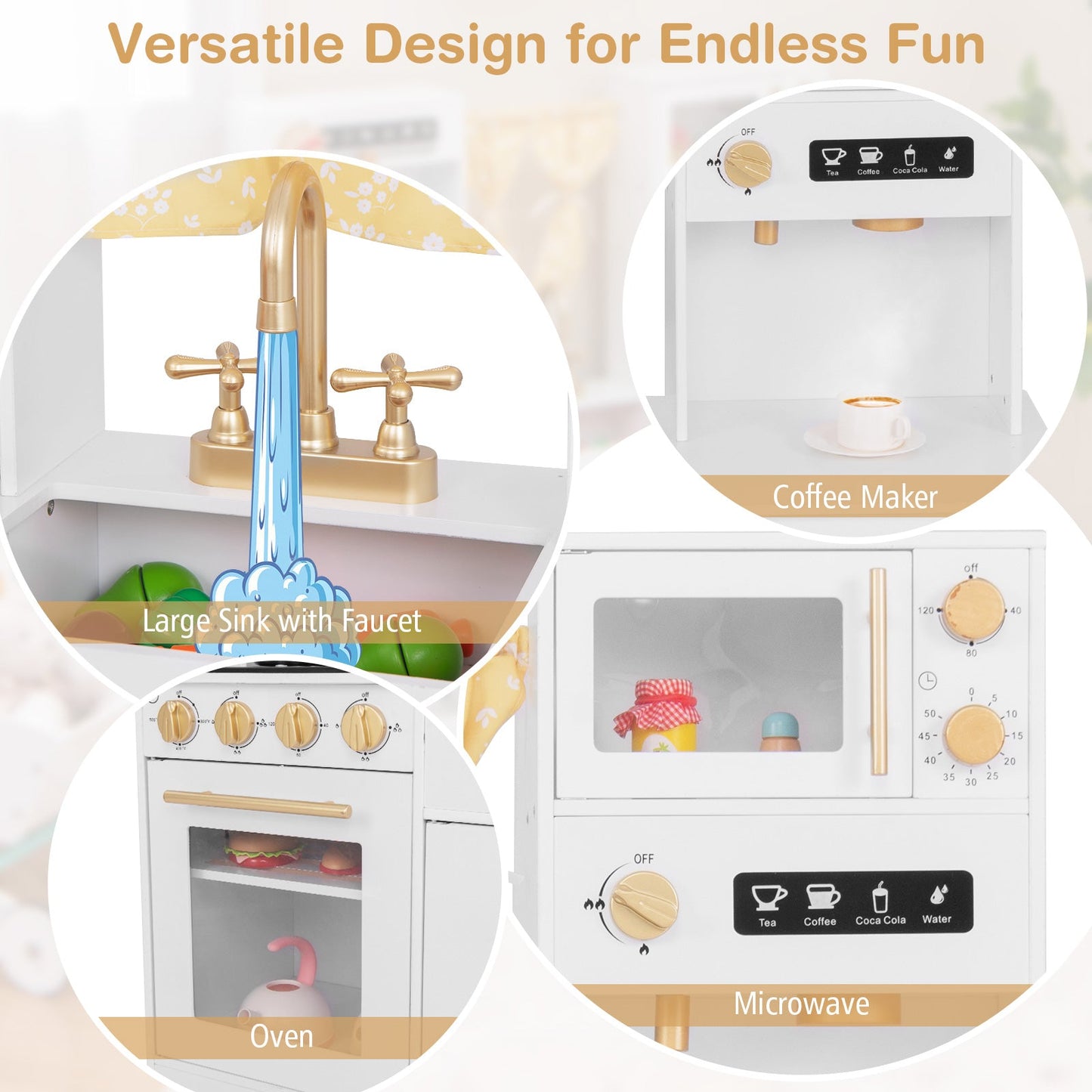 Pretend Play Kitchen for Kids with Coffee Maker Sink Faucet-White