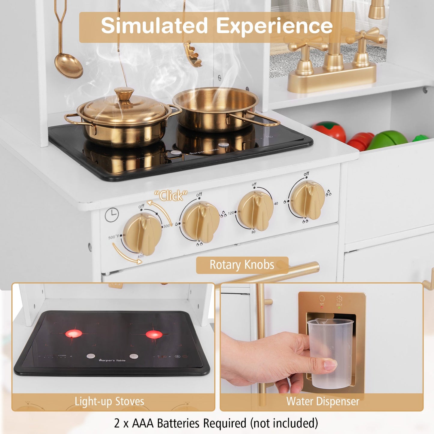 Pretend Play Kitchen for Kids with Coffee Maker Sink Faucet-White