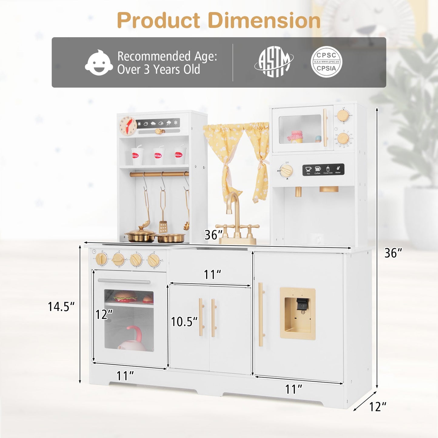 Pretend Play Kitchen for Kids with Coffee Maker Sink Faucet-White