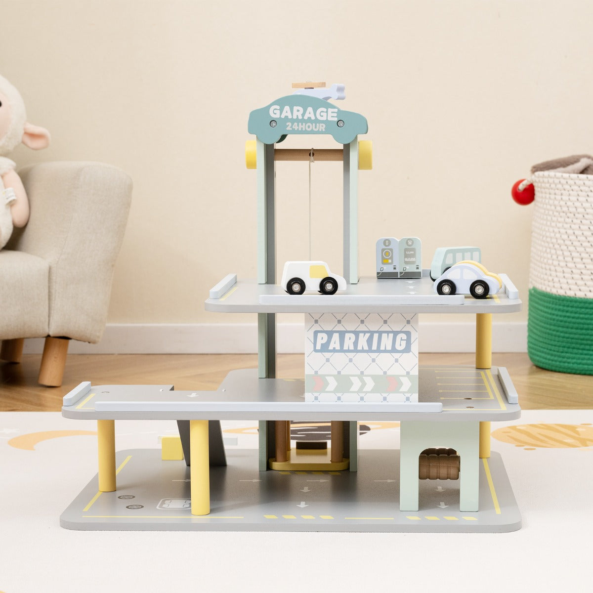 3-Layer Wooden Toy Garage with 4 Cars and Helicopter-Grey