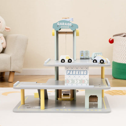 3-Layer Wooden Toy Garage with 4 Cars and Helicopter-Grey