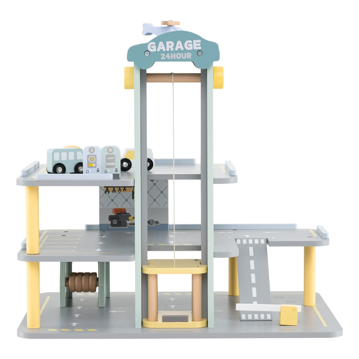 3-Layer Wooden Toy Garage with 4 Cars and Helicopter-Grey
