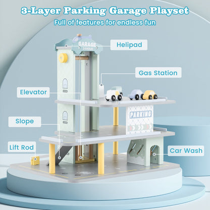 3-Layer Wooden Toy Garage with 4 Cars and Helicopter-Grey