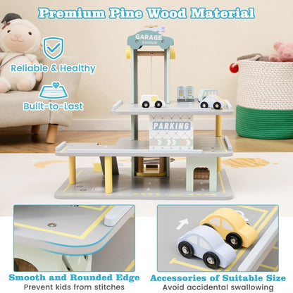 3-Layer Wooden Toy Garage with 4 Cars and Helicopter-Grey