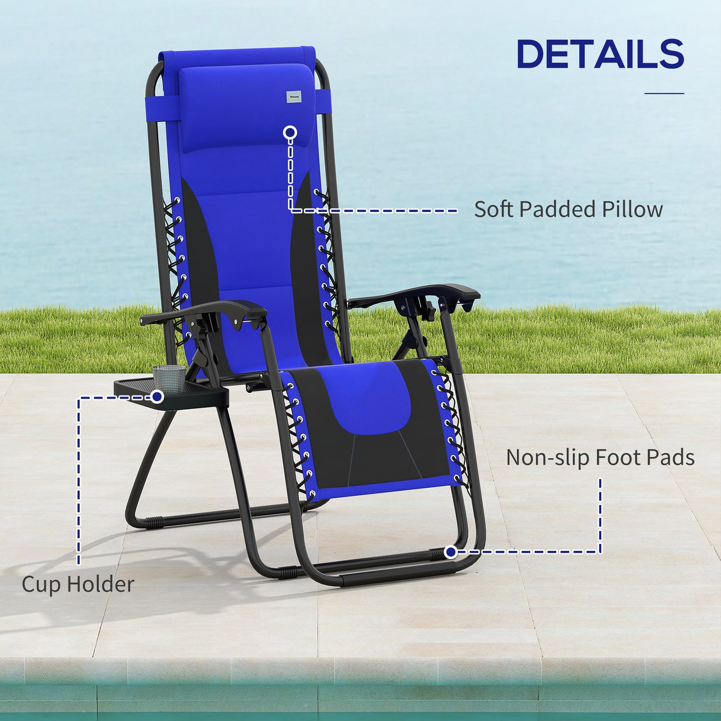 Outsunny Zero Gravity Lounger Chair, składany rozkładany fotel ogrodowy z wyściełanym siedziskiem, uchwytem na kubek, miękką poduszką i zagłówkiem do użytku przy basenie, kempingowy, niebieski