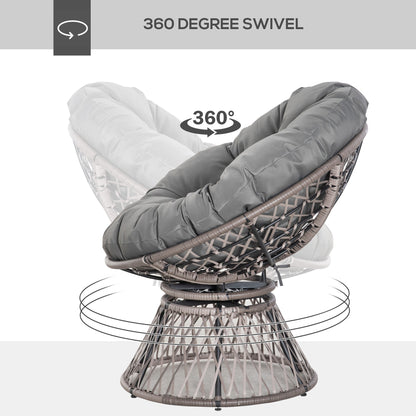 Outsunny 360 Swivel Rattan Papasan Moon Bowl Chair Round Lounge Garden Wicker Basket Seat with Padded Cushion Oversized for Outdoor Indoor, Grey