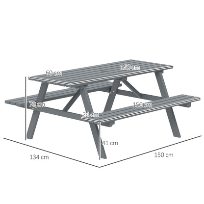 Outsunny 6-osobowy drewniany stół piknikowy do ogrodu lub na patio z wycięciem na parasol 150 cm szary