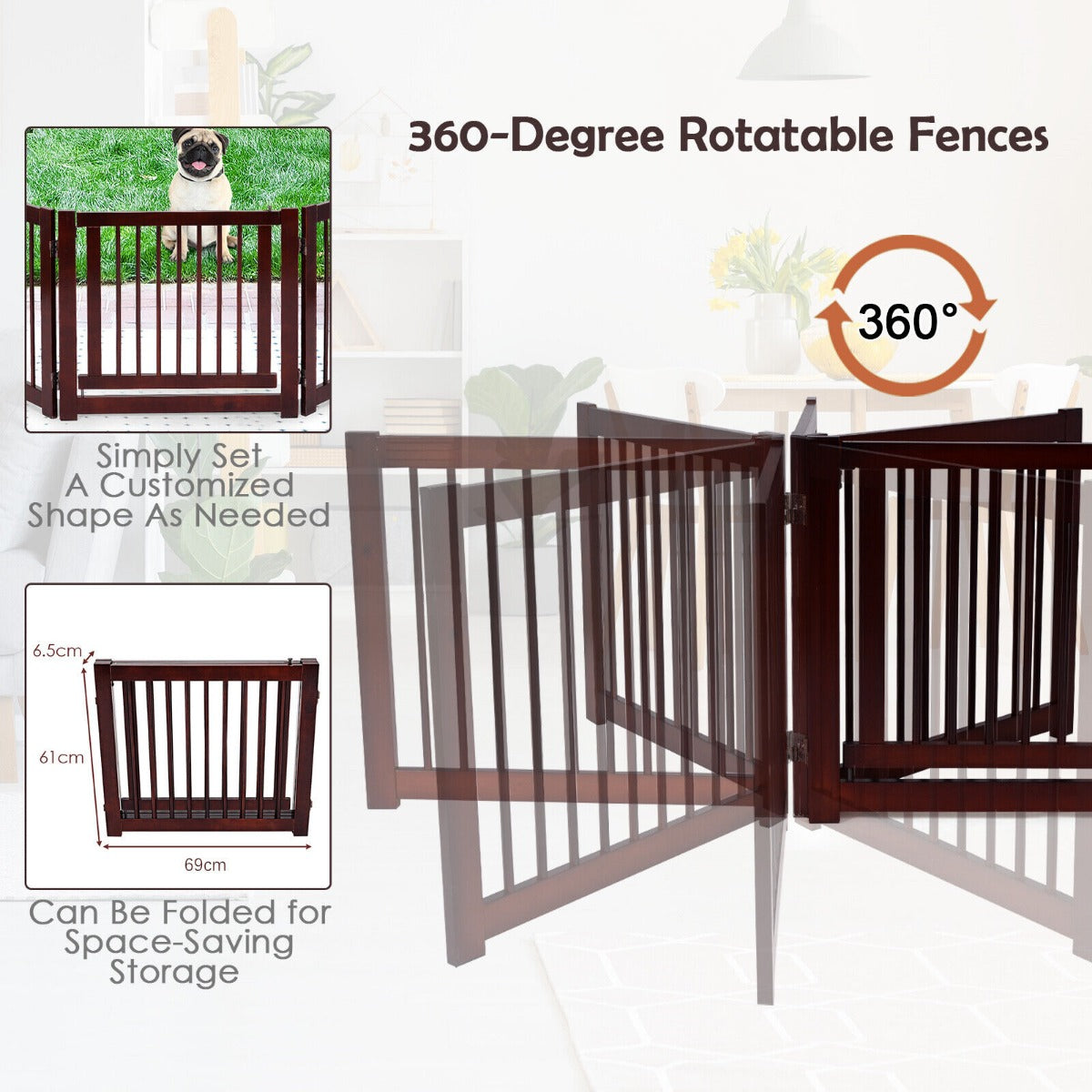 Freestanding Foldable Wooden Pet Gate with 360¬∞Hinges and Lockable Door