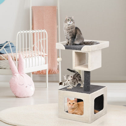 2 Condos Cat Climbing Tree with Scratching Post and Plush Ball-White