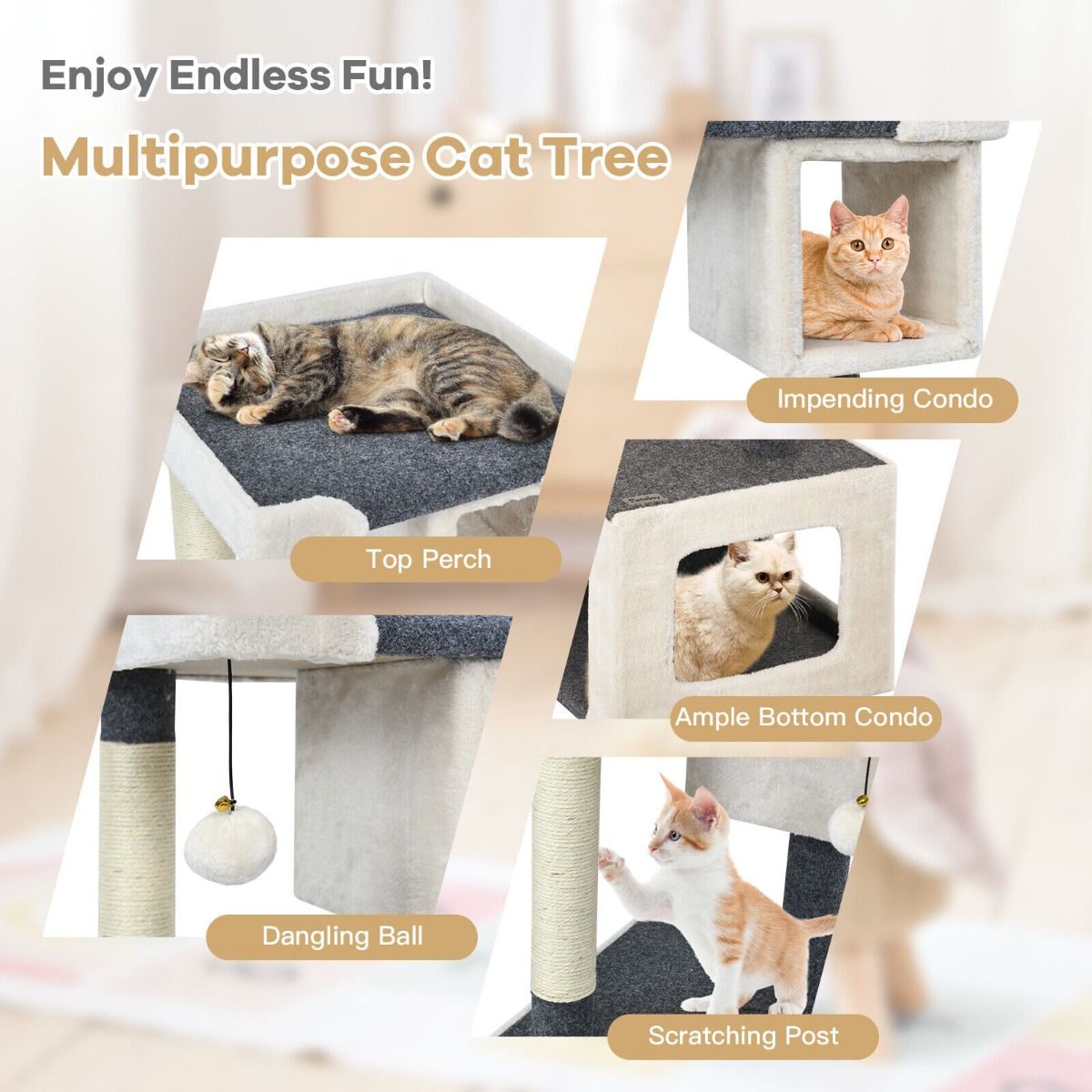 2 Condos Cat Climbing Tree with Scratching Post and Plush Ball-White