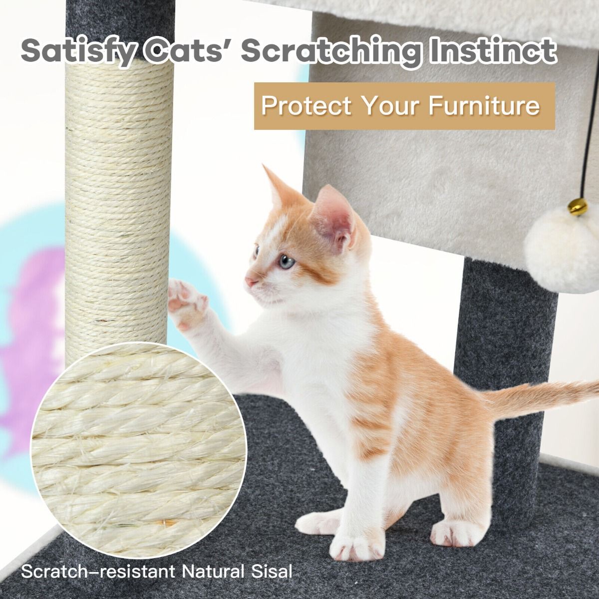 2 Condos Cat Climbing Tree with Scratching Post and Plush Ball-White