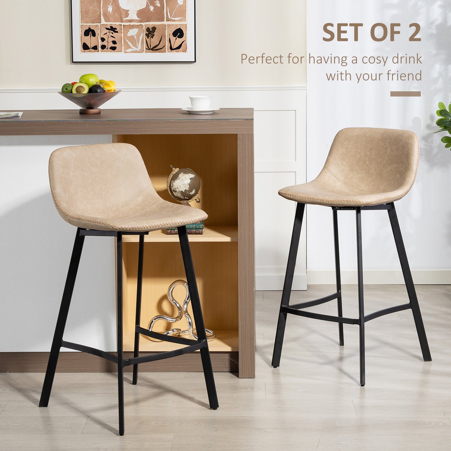 HOMCOM Bar Stools Set of 2, PU Leather Dining Stools with Backrest, Footrest, for Kitchen, Counter, Breakfast Bar, Light Brown
