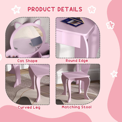 ZONEKIZ Kids Vanity Table with Mirror and Stool, Cat Design, Drawer, Storage Boxes, for 3-6 Years Old - Pink