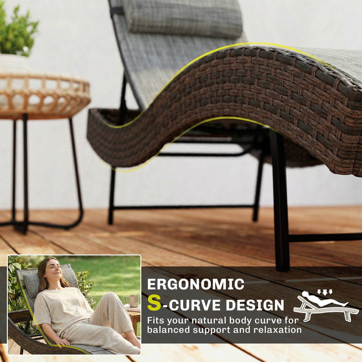Outsunny Rattan Sun Lounger, Garden Recliner with 5 Position Adjustable Back, S Shaped Texteline Seat, Headrest, Brown