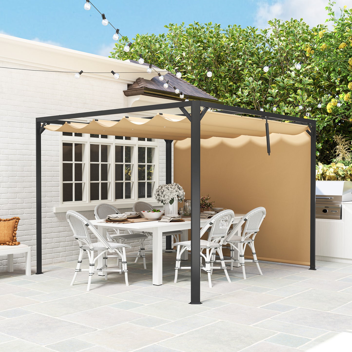 Pergola aluminiowa Outsunny 3 x 3 m z rozsuwanym dachem i ścianą w kolorze khaki