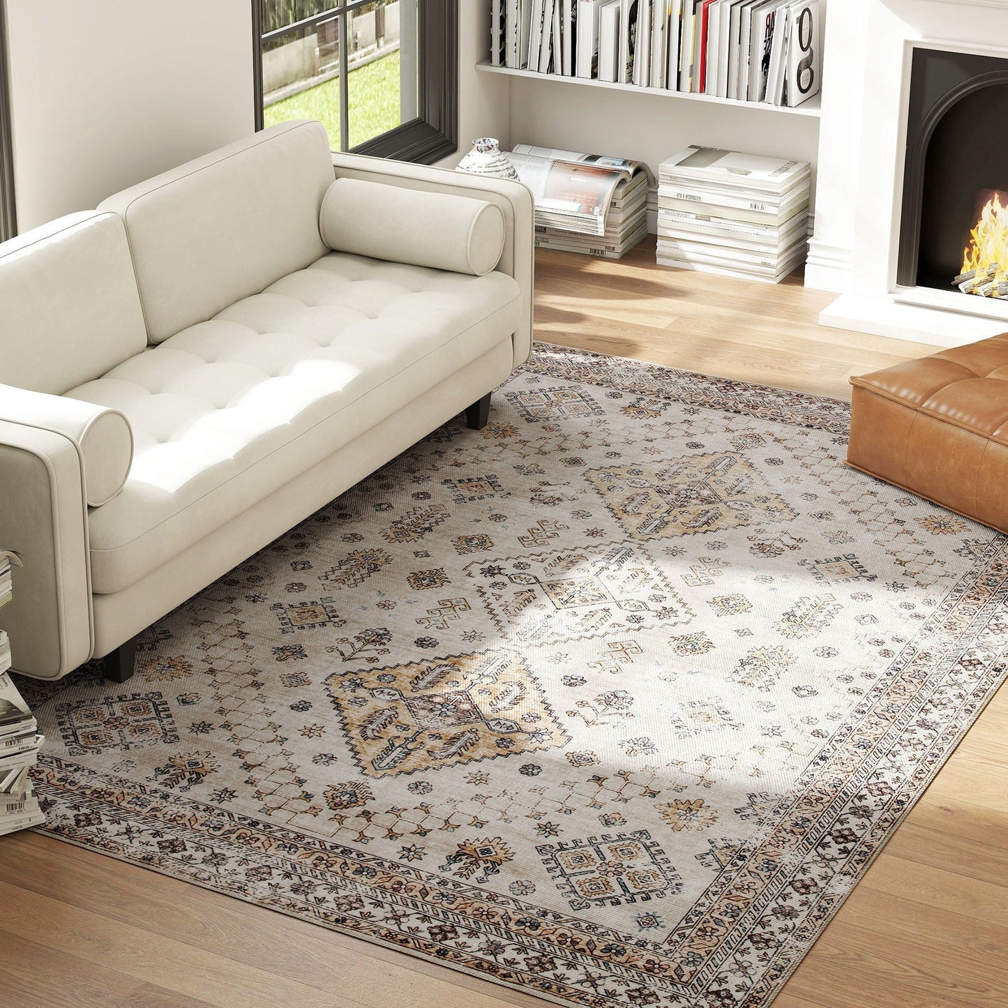 HOMCOM Vintage Area Rug, Non-Slip Washable Rug, Flannel Floor Carpet for Living Room, Bedroom, Dining Room, Home Office, 290 x 200 cm, Beige