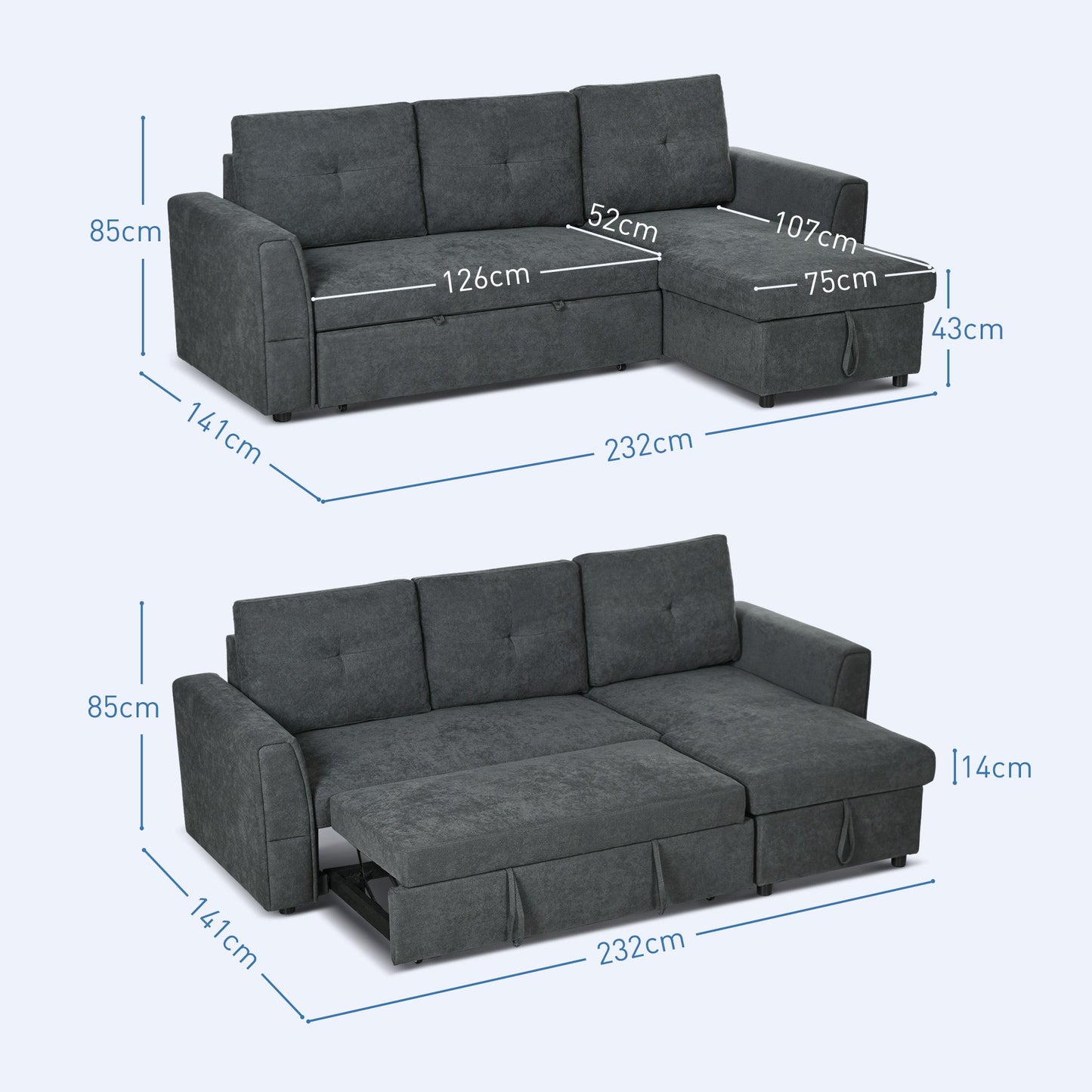 HOMCOM 3 Seater Sofa Bed, Pull Out Sofa Bed with Storage for Living Room, Dark Grey