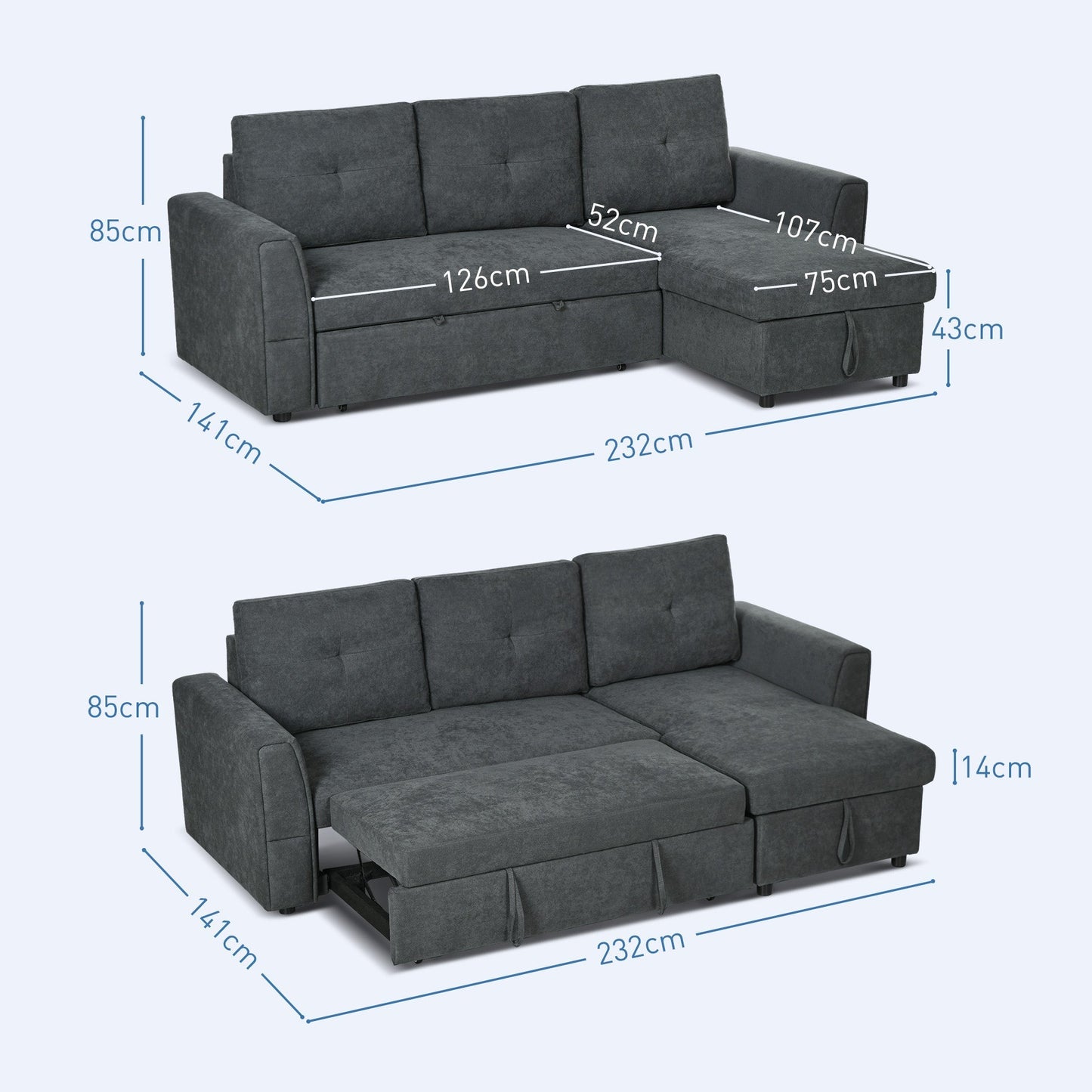 HOMCOM 3 Seater Sofa Bed, Pull Out Sofa Bed with Storage for Living Room, Dark Grey