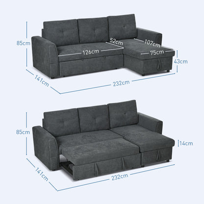 HOMCOM 3 Seater Sofa Bed, Pull Out Sofa Bed with Storage for Living Room, Dark Grey