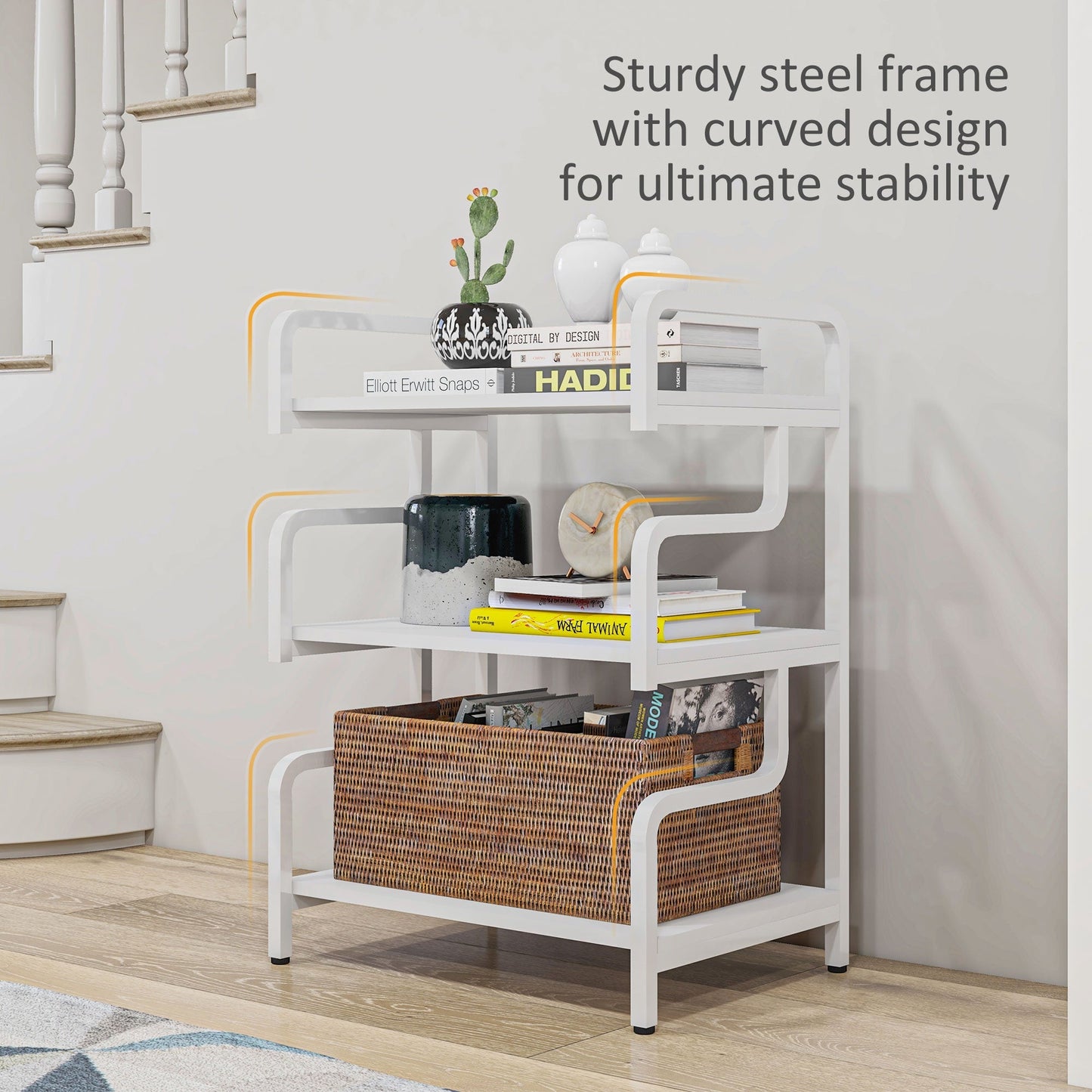 3-Tier Storage Shelves, Metal Shelving Unit, Industrial Printer Table for Home Office, Display Rack for Living Room, White