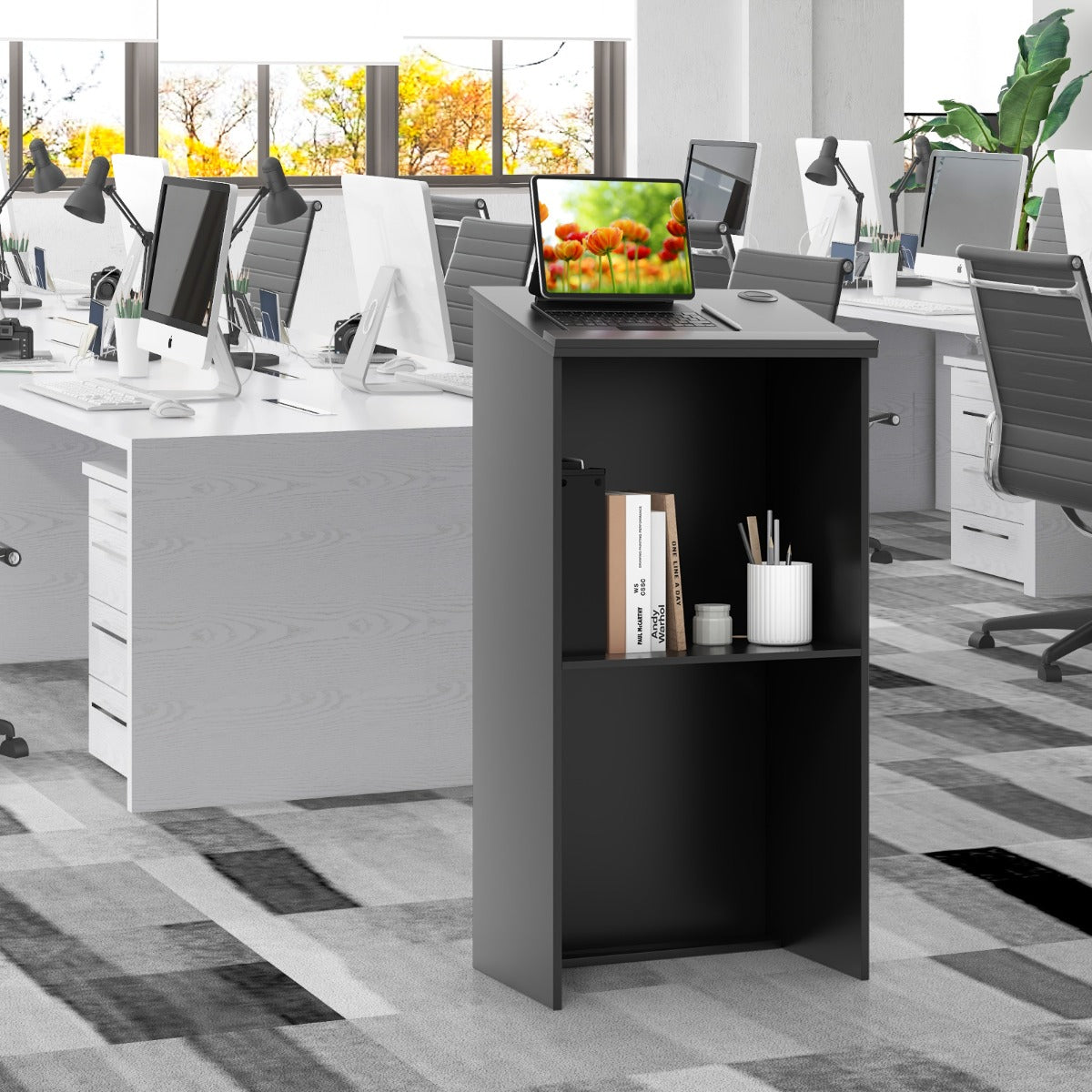 Podium Stand Hostess Stand for Speakers with Storage Shelf-Black