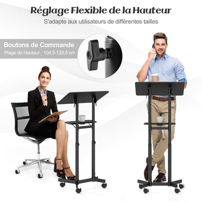 Mobile Lectern Podium Height-adjustable Rolling Laptop Cart with Tilting Top Storage Tray-Black