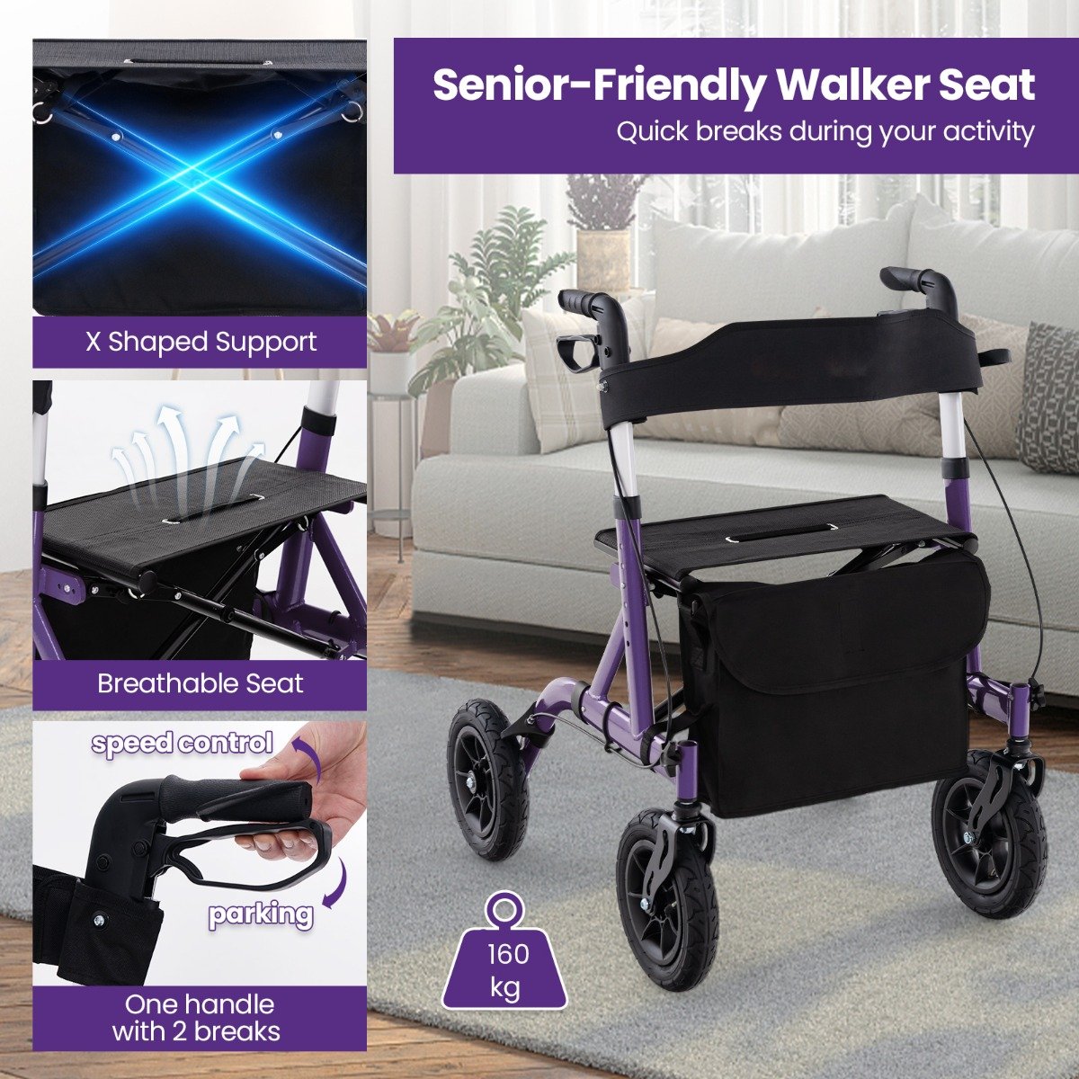 Foldable Rolling Walker with Seat-Purple