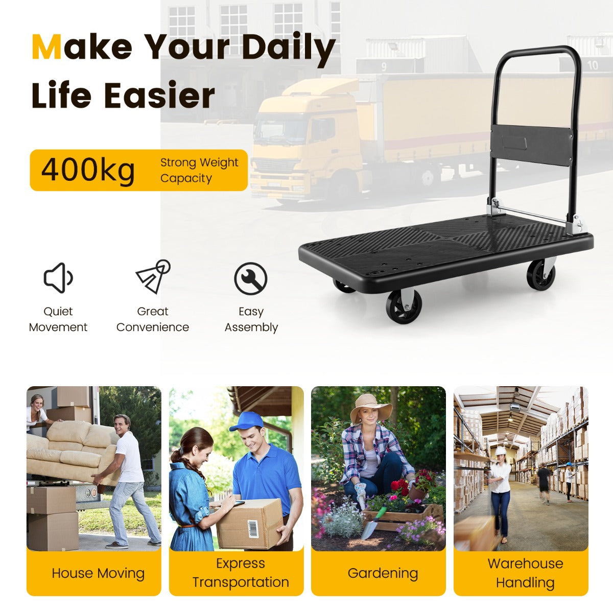 Push Cart Dolly with 400kg Weight Capacity and 360° Swivel Wheels-Black