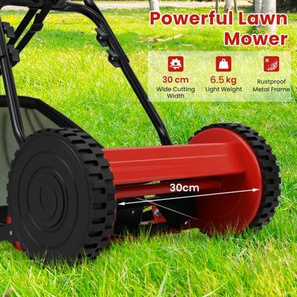 Cylinder mower hand-held lawn mower with 30 cm cutting width 18.5 liter grass catcher red