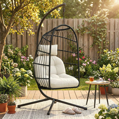 Outsunny Hanging Egg Chair, Indoor Outdoor Hammock Swing Chair with Stand, Safety Strap, Foldable Basket, Black/Cream White