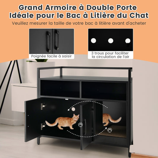 Wooden Cat Litter Box Enclosure with Compartment and Scratching Board-Black