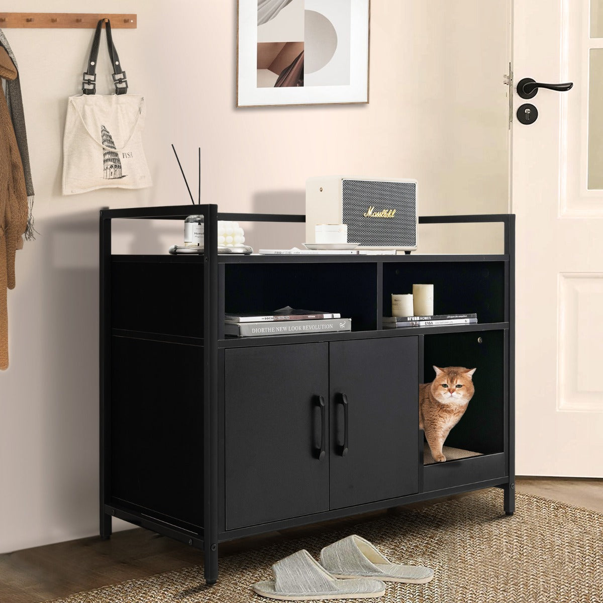 Wooden Cat Litter Box Enclosure with Compartment and Scratching Board-Black