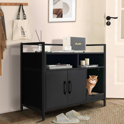 Wooden Cat Litter Box Enclosure with Compartment and Scratching Board-Black