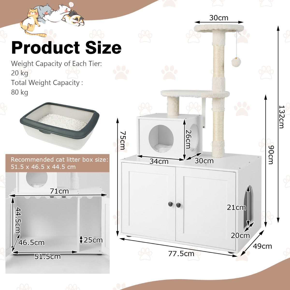 Cat Tree with Litter Box Enclosure with Cat Condo-White