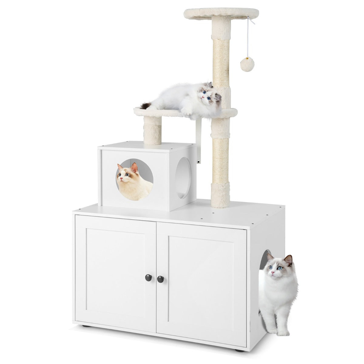 Cat Tree with Litter Box Enclosure with Cat Condo-White