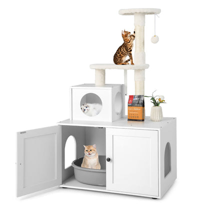 Cat Tree with Litter Box Enclosure with Cat Condo-White