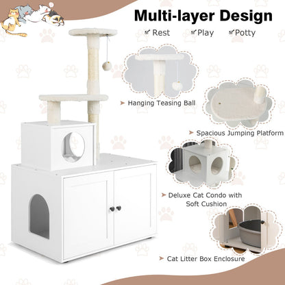 Cat Tree with Litter Box Enclosure with Cat Condo-White