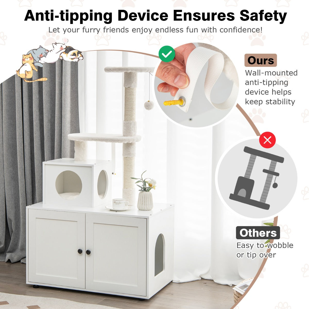 Cat Tree with Litter Box Enclosure with Cat Condo-White