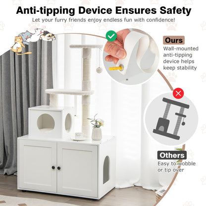 Cat Tree with Litter Box Enclosure with Cat Condo-White