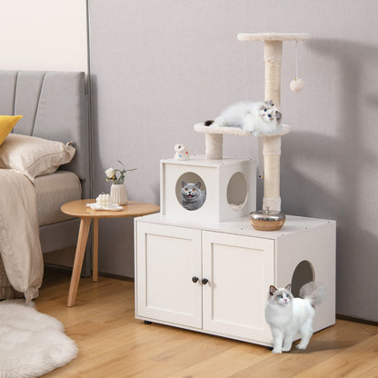 Cat Tree with Litter Box Enclosure with Cat Condo-White
