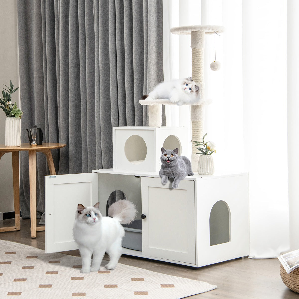 Cat Tree with Litter Box Enclosure with Cat Condo-White