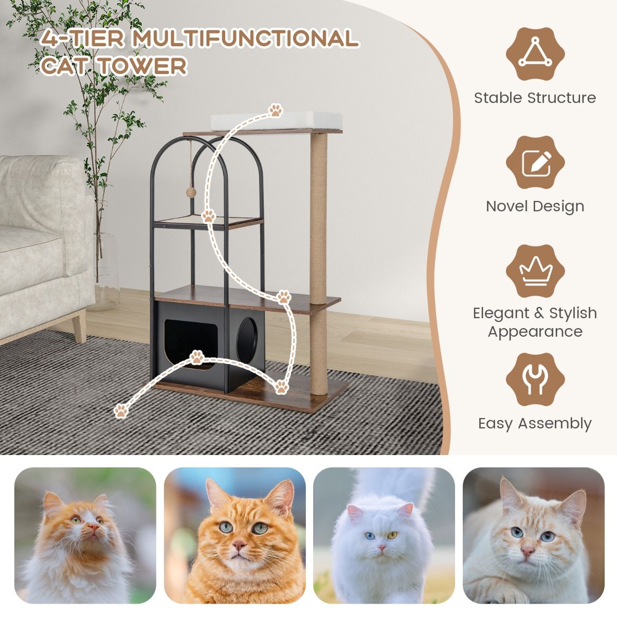 118 cm Tall Cat Tree Tower with Metal Frame-Black