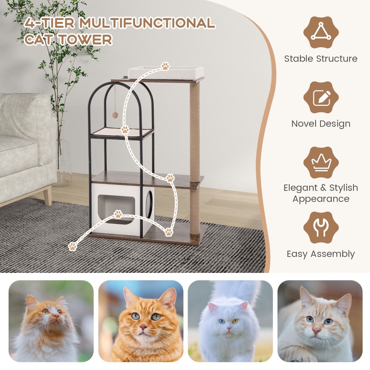 118 cm Tall Cat Tree Tower with Metal Frame-White