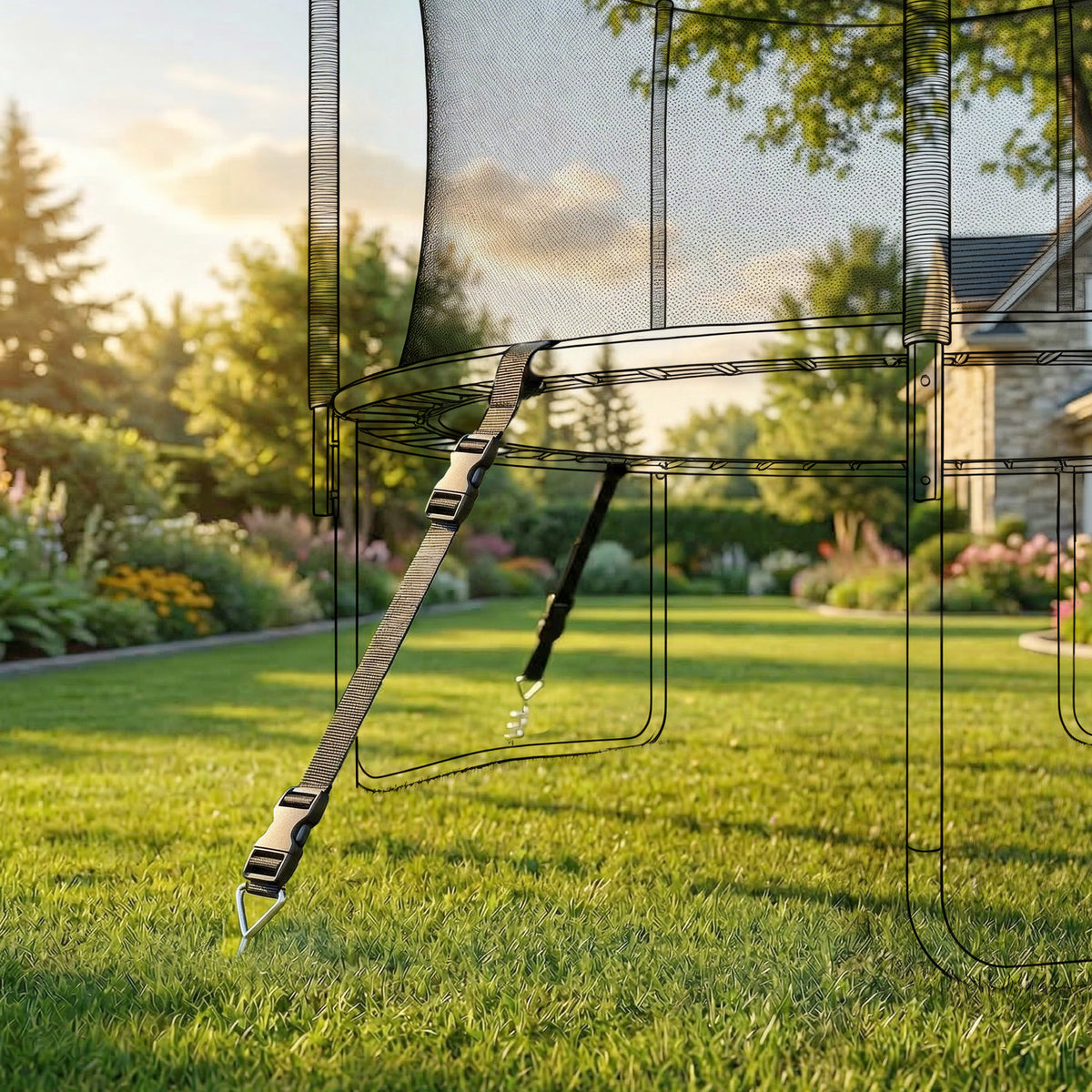 SPORTNOW 4Pcs Trampoline Anchor Kit, 32 cm Galvanised Trampoline Stakes, Spiral Ground Anchors with Triangle Head, Straps