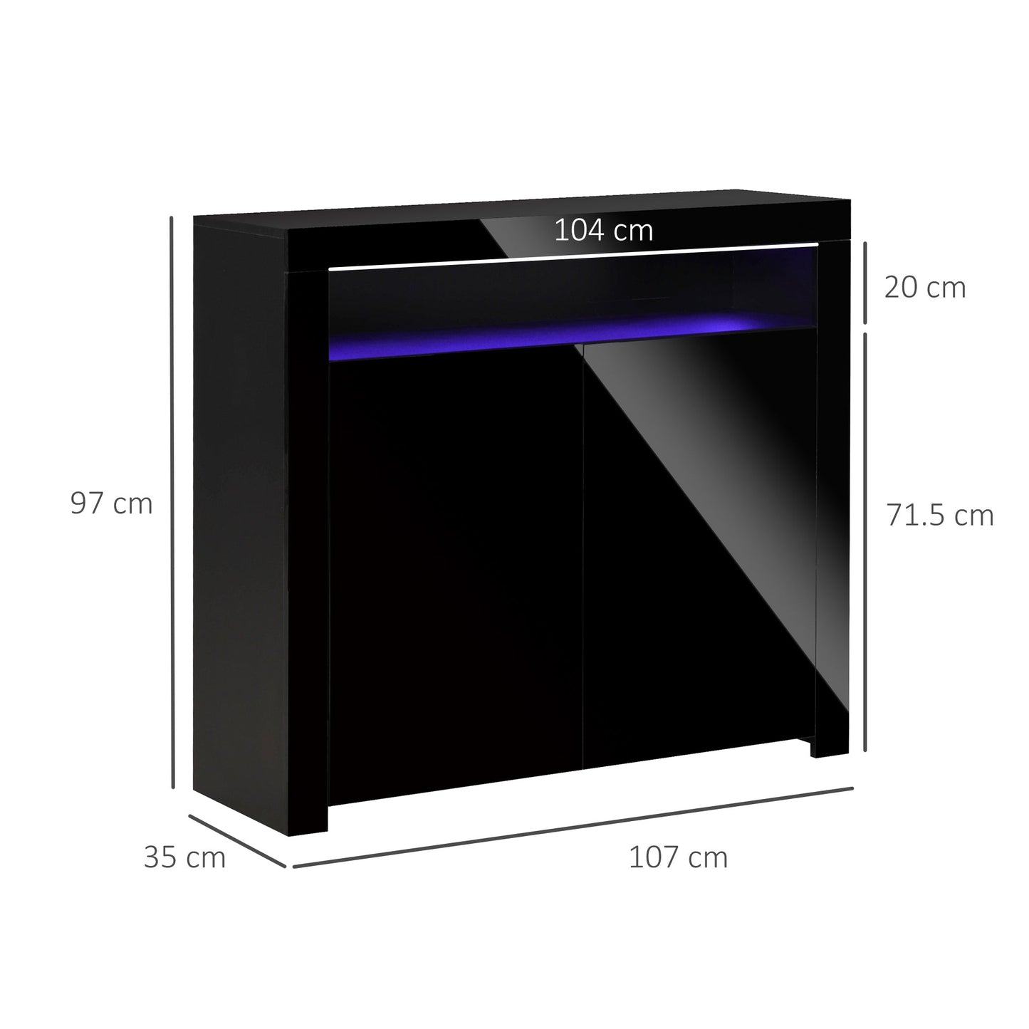 HOMCOM LED Storage Cabinet, Cupboard with High Gloss Front and RGB Lighting, Modern Sideboard for Entryway, Dining Area, Living Room, Black